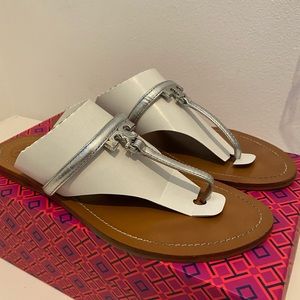 Tory Burch Silver T Logo Saffiano Flat Sandal size 8.5